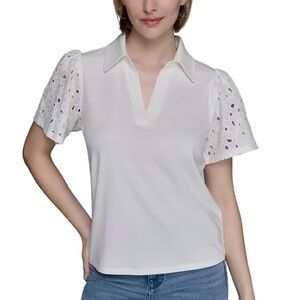 NWOT Karl Lagerfeld Paris Mixed-Media Eyelet Knit Top